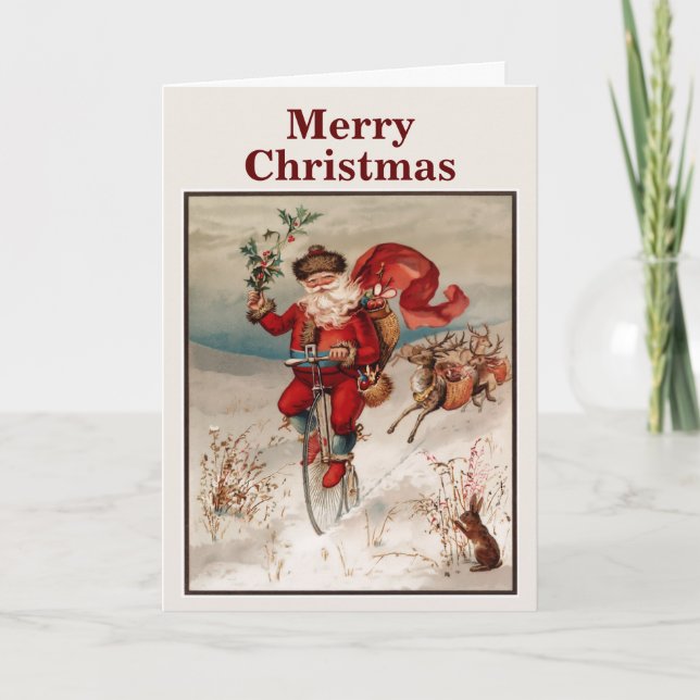 Tarjeta Festiva Papá Noel vintage en una bicicleta (Anverso)