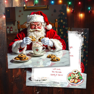 Tarjeta Festiva Papá Noel Vintage, Galletas y Cacao Caliente Perso