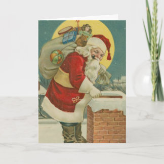 Tarjeta Festiva Papá Noel vintage yendo por Chimney