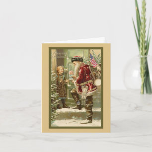 Tarjeta Festiva Papá Noel visitando a un niño en Navidades