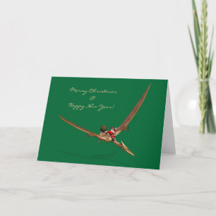 Tarjeta Festiva Papá Noel Volando En Dinosaurio