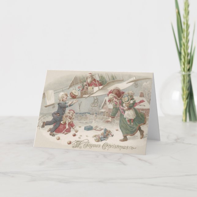 Tarjeta Festiva Papá Noel Volando Juguetes Hijos de Árbol de Navid (Anverso)