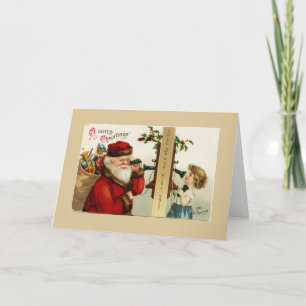 Tarjeta Festiva Papá Noel y Chica de época en el teléfono