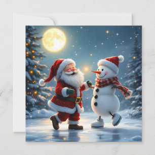 Tarjeta Festiva Papá Noel y muñeco de nieve lindos bailando en el 