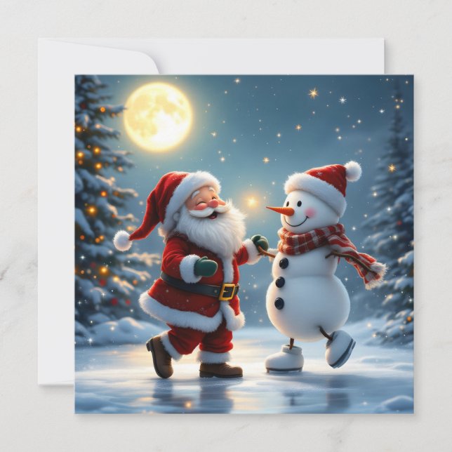 Tarjeta Festiva Papá Noel y muñeco de nieve lindos bailando sobre  (Anverso)