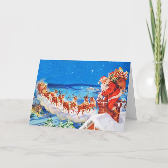 Tarjeta Festiva Papá Noel y su reno en la azotea (Anverso)
