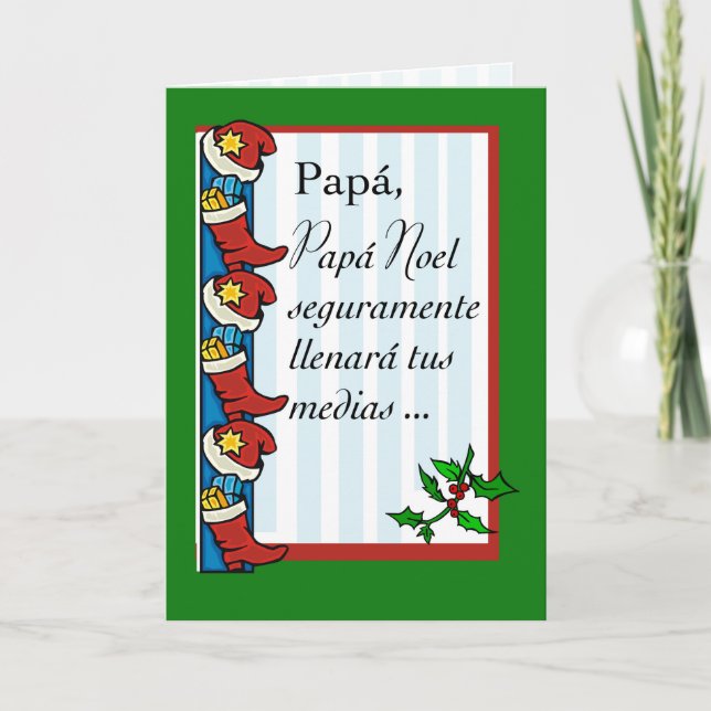 Tarjeta Festiva Papá, Santa Fills Stockings, gracioso, español (Anverso)