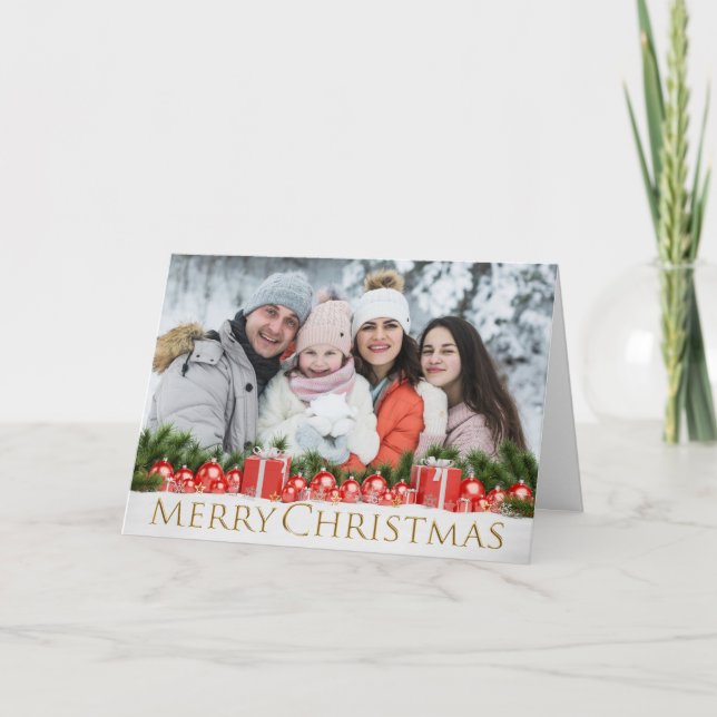 Tarjeta Festiva Paquetes Rojos Snoweather Golden Christmas Photo (Anverso)
