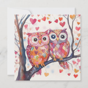 Tarjeta Festiva Par de búhos de patchwork acuarela San Valentín