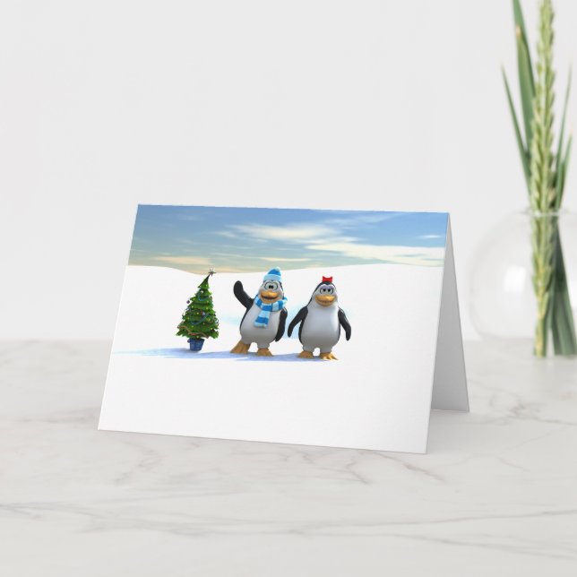 Tarjeta Festiva Par pingüino con árbol (Anverso)