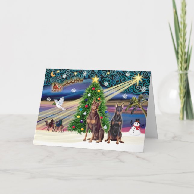 Tarjeta Festiva Par Xmas Magic-Doberman (Anverso)