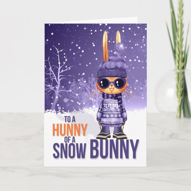 Tarjeta Festiva para Chicas Cute Navidades Morados Snowbunny (Anverso)