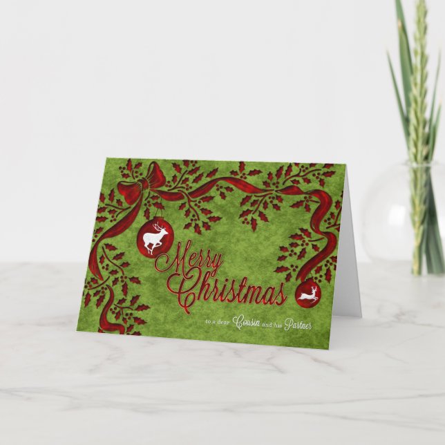 Tarjeta Festiva para Cousin y su socio Holly y Berries (Anverso)