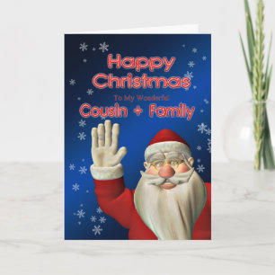 Tarjeta Festiva Para el primo y la familia, un Santa ondeando
