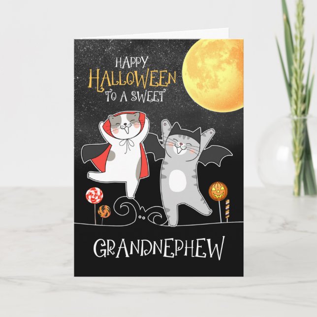 Tarjeta Festiva para Grandnephew PURRfect Halloween Bailando gatos (Anverso)