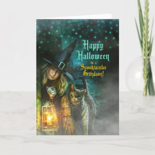 Tarjeta Festiva para Grandson Witch y Cat Halloween