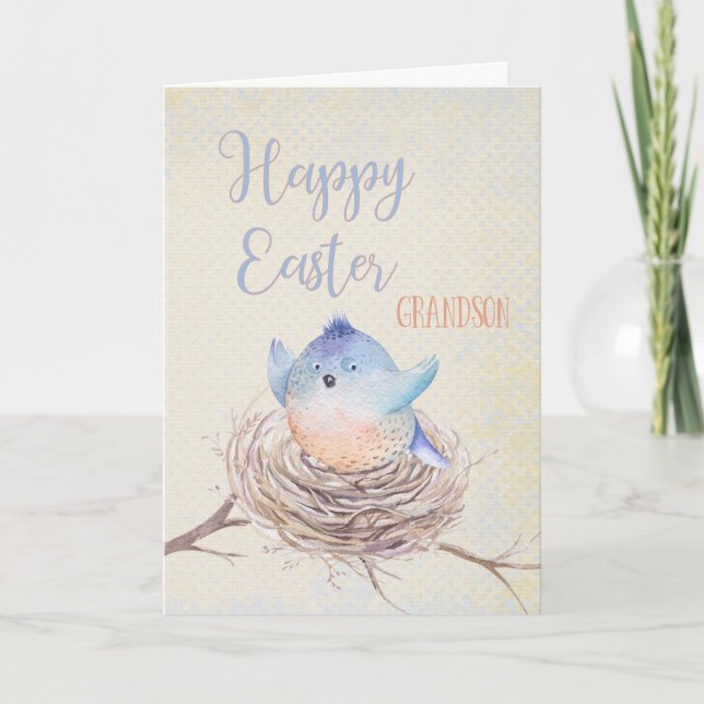 Tarjeta Festiva Para los nietos, feliz ave azul de Pascua en nido (Anverso)