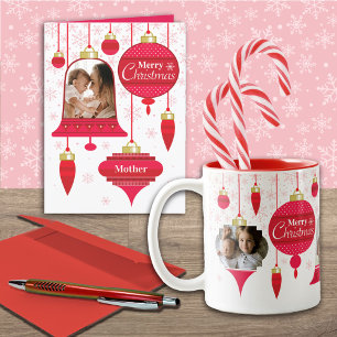 Tarjeta Festiva Para Madre Personalizado Foto Ornamentos Retro Roj