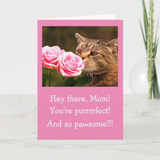 Tarjeta Festiva Para Mamá Gato Y Flores Valentine (Anverso)