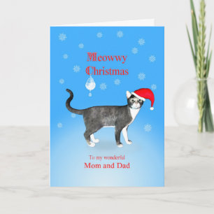 Tarjeta Festiva Para mamá y papá, Navidades Meowwy gato