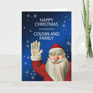 Tarjeta Festiva Para primo y familia, un Santa que saluda