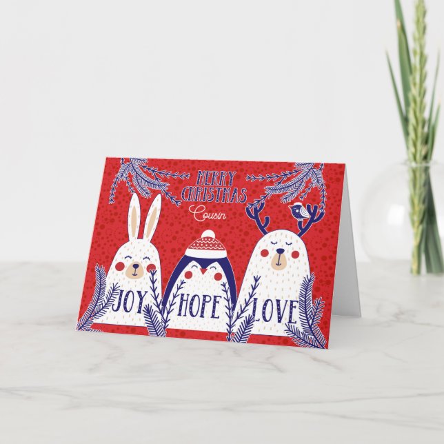 Tarjeta Festiva para primos Navidades Woodland Creations Red Blue (Anverso)
