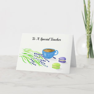 Tarjeta Festiva Para una maestra especial acuarela café y lavandas