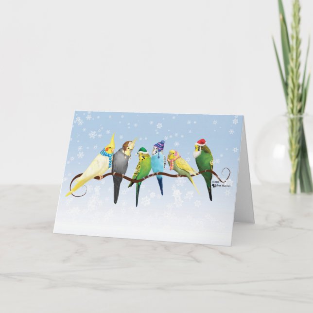 Tarjeta Festiva Paracaídas de Invierno y Cockatiels (Anverso)