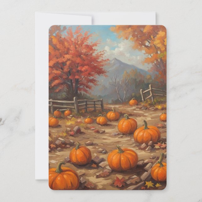 Tarjeta Festiva Parche de calabaza otoñal deja pintura rústica (Anverso)
