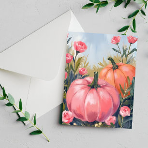 Tarjeta Festiva Parche de calabaza rosa floral acuarela otoño