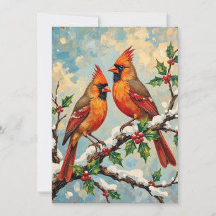 Tarjeta Festiva Pare de cardenales vintage en rama de acebo nevada