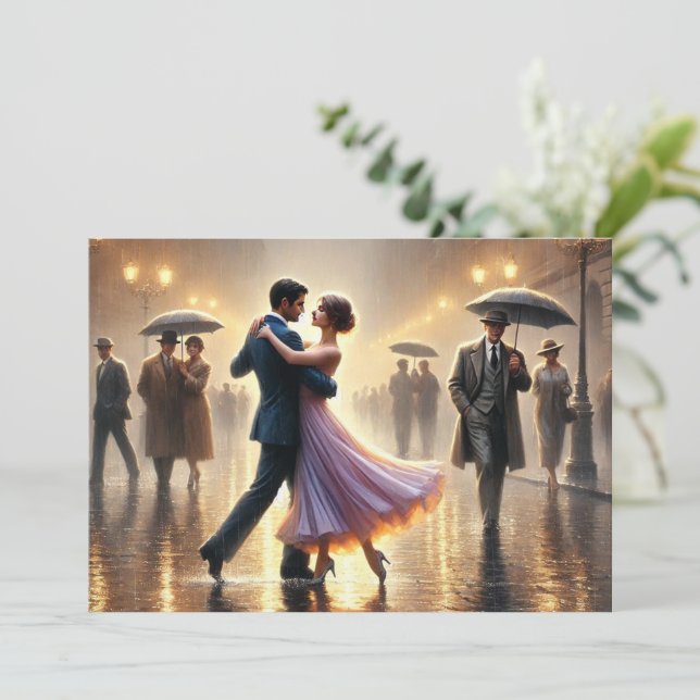 Tarjeta Festiva Pareja bailando bajo la lluvia (Anverso de pie)