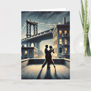 Tarjeta Festiva Pareja Bailando con el Puente de Brooklyn