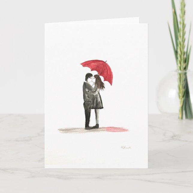 Tarjeta Festiva Pareja de amor con paraguas rojos (Anverso)