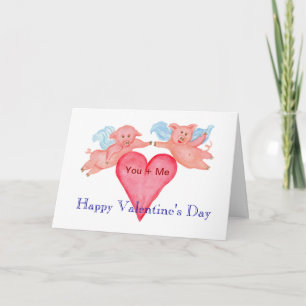 Tarjeta Festiva Pareja de cerdo volador con San Valentín de corazó