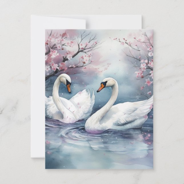 Tarjeta Festiva Pareja de cisne acuarela (Anverso)
