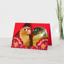 Tarjeta Festiva Pareja De Conure De Cheek Verde Enamorada Rojo 2 P