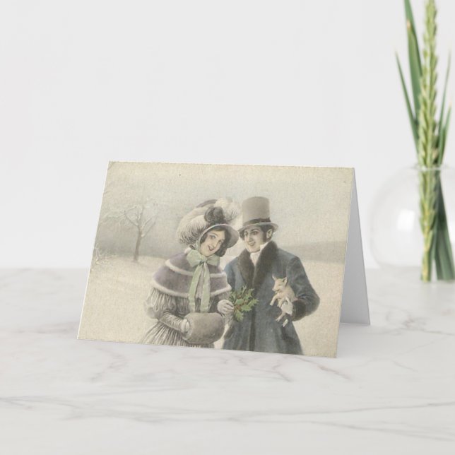 Tarjeta Festiva Pareja de época con Lechón (Anverso)