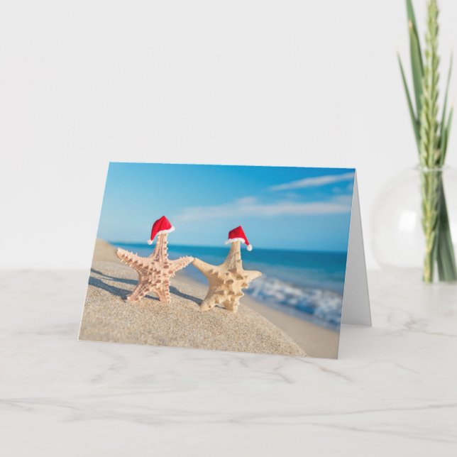 Tarjeta Festiva Pareja De Estrellas De Mar En Santa Sombreros Cami (Anverso)