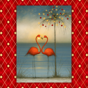 Tarjeta Festiva Pareja de Flamencos Tropicales con Palmera de Navi
