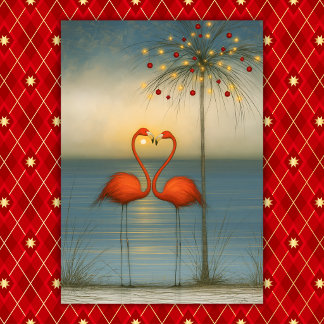 Tarjeta Festiva Pareja de Flamencos Tropicales con Palmera de Navi