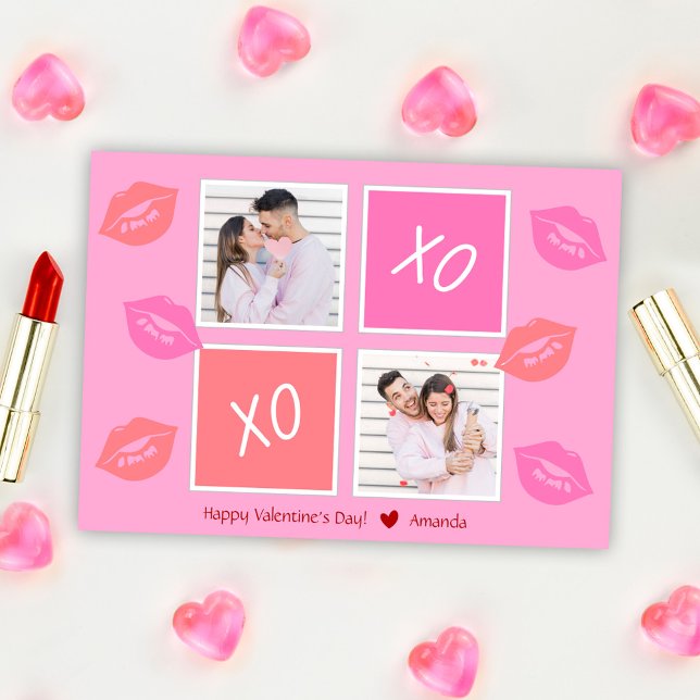 Tarjeta Festiva Pareja de fotos rosadas XOXO Feliz Día de San Vale (XOXO Pink Photo Couple Happy Valentine's Day Holiday Card)