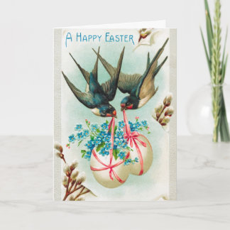 Tarjeta Festiva Pareja de golondrinas y huevos de Pascua Floral