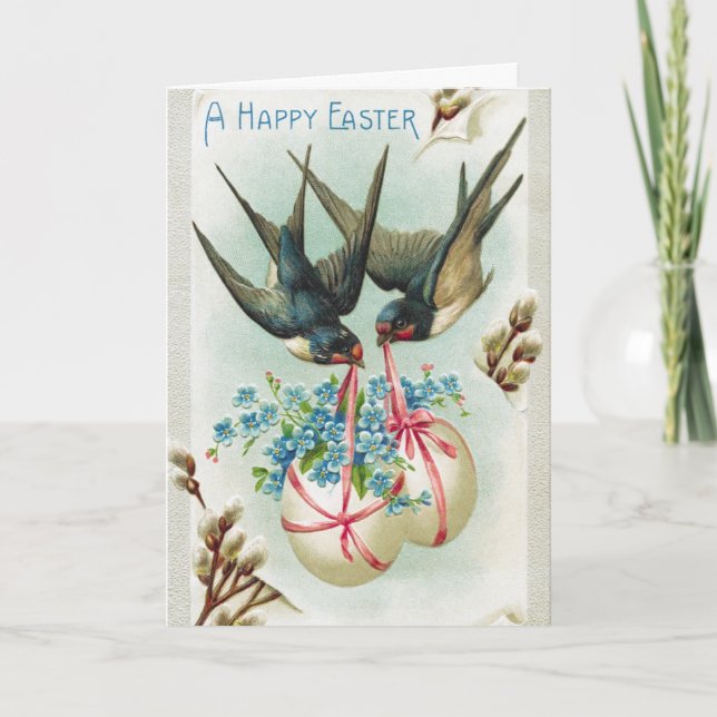 Tarjeta Festiva Pareja de golondrinas y huevos de Pascua Floral (Anverso)