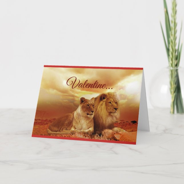 Tarjeta Festiva Pareja de Leones en San Valentín (Anverso)