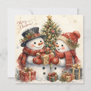 Tarjeta Festiva Pareja de muñecos de nieve lindos con regalos de N
