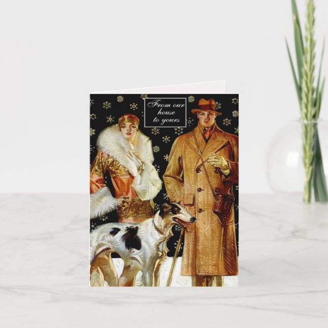 Tarjeta Festiva Pareja de Navidades elegantes del Art Deco del Pre (Anverso)