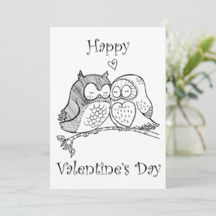 Tarjeta Festiva Pareja de pájaros lindos búho romance arte de líne