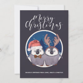 Tarjeta Festiva Pareja de pingüino cute Santa y Navidades de renos