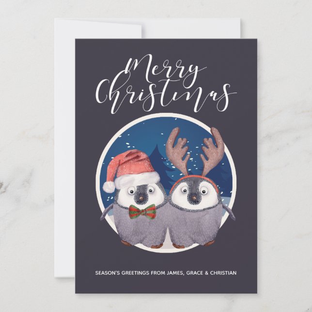 Tarjeta Festiva Pareja de pingüino cute Santa y Navidades de renos (Anverso)